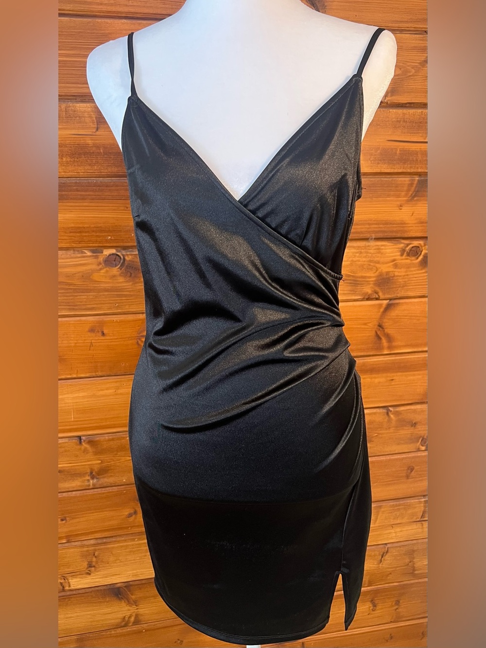 Black Satin Wrap-Front Slip Dress